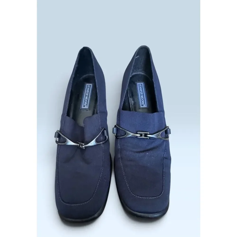 Jennifer Moore Blue Square Toe Loafer Mules Silver Bar Block Heel Size 8